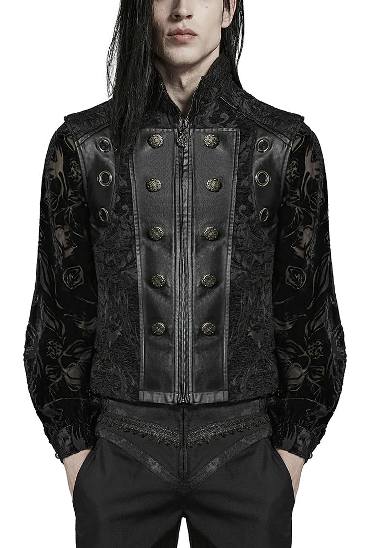 Men's Stand Collar Jacquard Print Stitching Metal Ring Decoration Gothic Vest 2 Colors - Black - 10