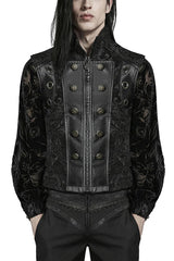Men's Stand Collar Jacquard Print Stitching Metal Ring Decoration Gothic Vest 2 Colors - Black - 10