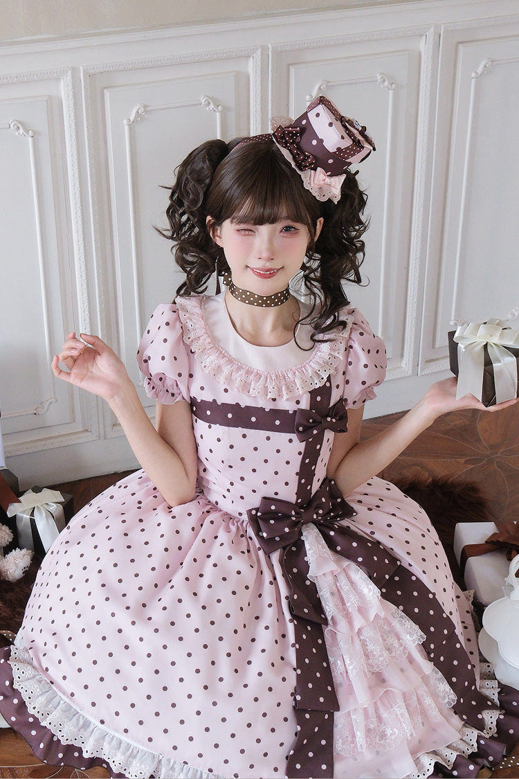 Pink [Canelé Gift Box] Round Collar Short Sleeves Double-Layered Printed Polka Dot Ruffled Open-Front Bow Asymmetric Sweet Lolita Dress - Product - 12