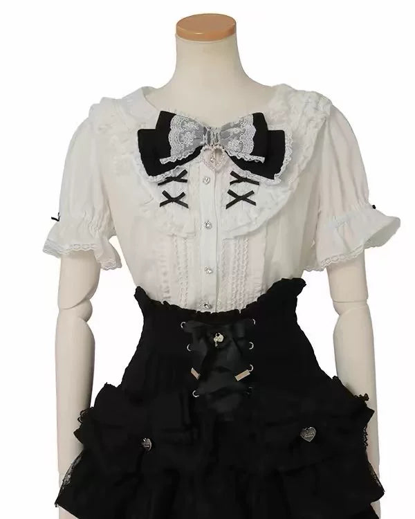 Sweet Short Sleeves Jacquard Ruffled Bow Lolita Blouse 3 Colors - Black/White - 1