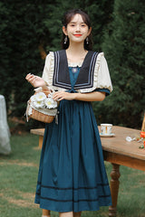 Multi-Color Retro Doll Collar Short Lantern Sleeves High Waist Embroidery Sweet Lolita OP Dress - Product - 2