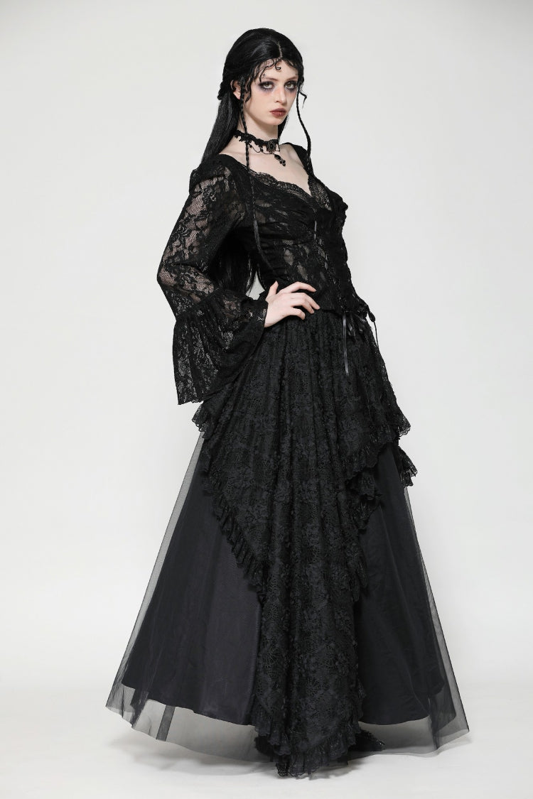 Black Deep V Collar Long Trumpet Sleeves Lace Lace-Up Women's Gothic Corset Top - Product - 2