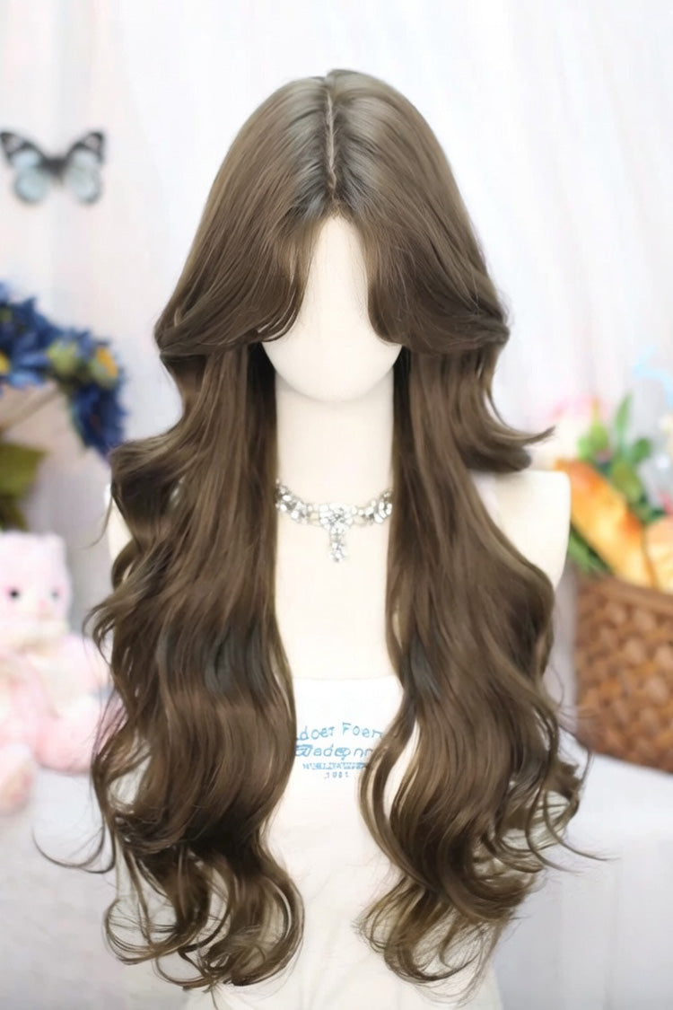 Ins Style Sweet Lolita Curtain Bangs Long Curly Wig 2 Colors - Hazelnut-Ash-Brown - 2