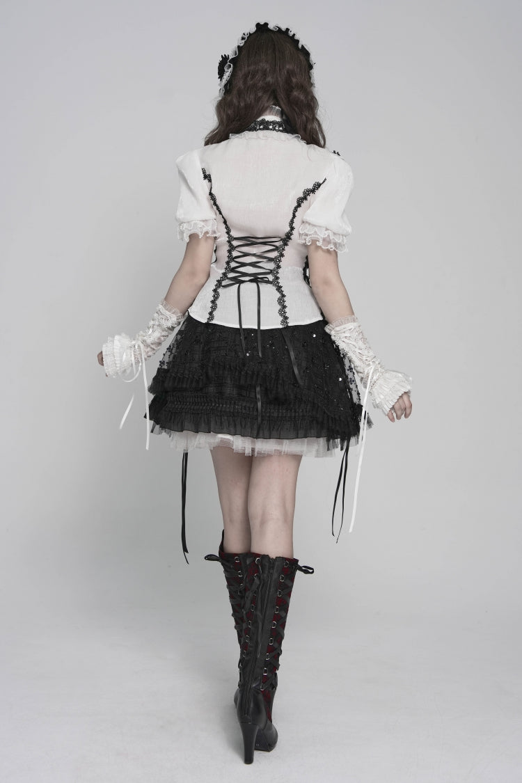 Black/White Stand Collar Short Sleeves Embroidered Lace Lace-Up Slim Pleated Women's Gothic Palace Blouse - Product - 6