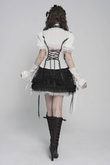 Black/White Stand Collar Short Sleeves Embroidered Lace Lace-Up Slim Pleated Women's Gothic Palace Blouse - Product - 6