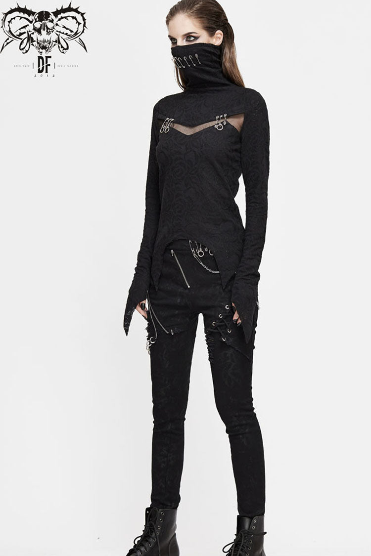 Black Turtleneck Chest Splice Fine Mesh Pin Decoration Sharp Angle Hem Women's Punk Shirt - Product - 5