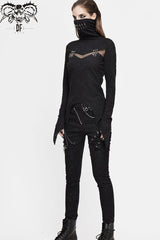 Black Turtleneck Chest Splice Fine Mesh Pin Decoration Sharp Angle Hem Women's Punk Shirt - Product - 5