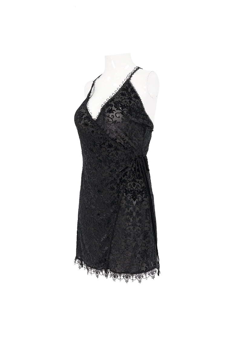 Black Sexy Super V-Neck Velvet Jacquard Lace Lace-Up Women's Gothic Dress - Product - 7