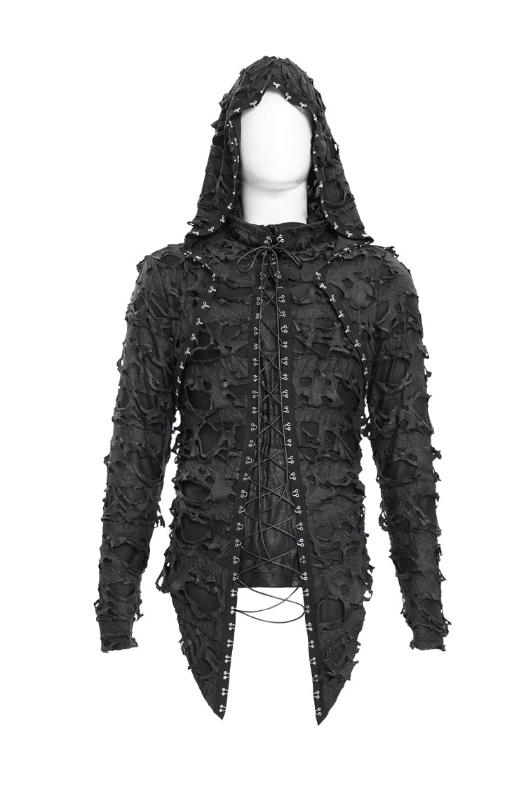 Black Studs Long Sleeves Lace-Up Ripped Men's Gothic Hooded Coat - Product - 3