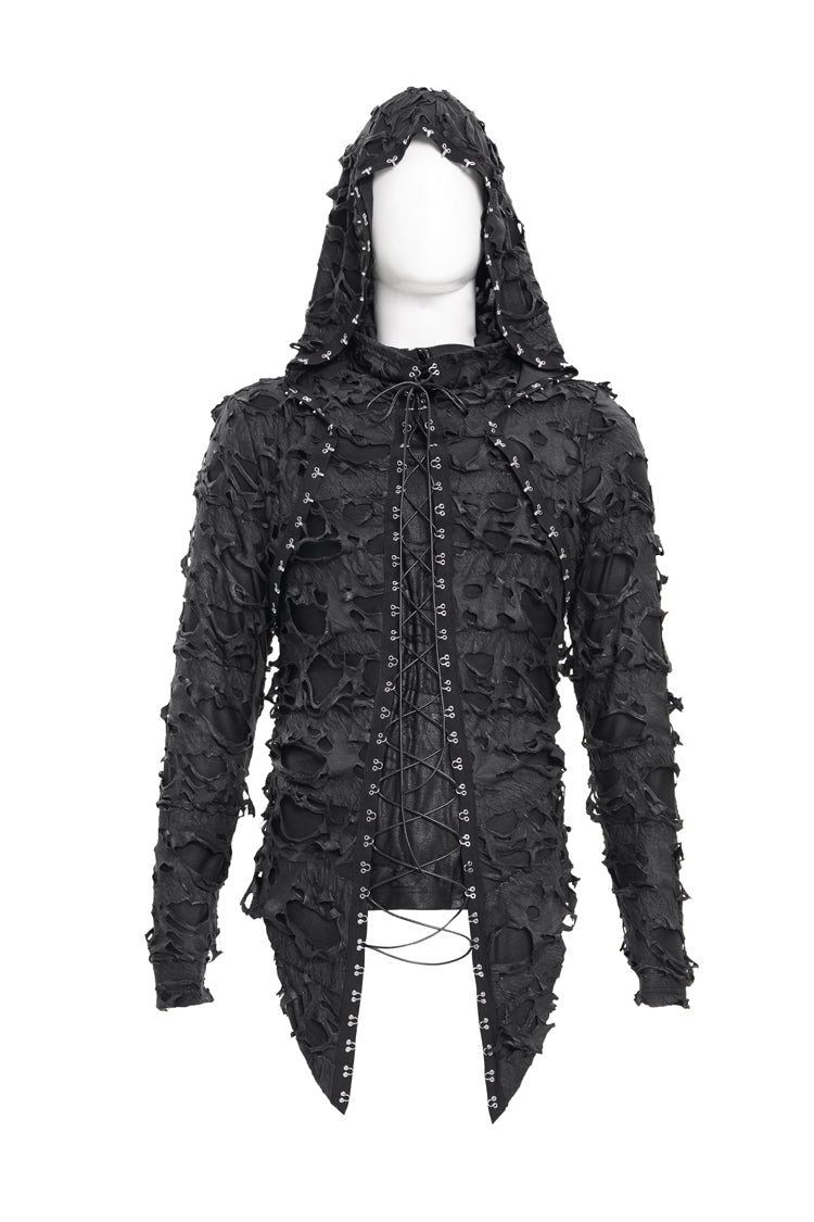 Black Studs Long Sleeves Lace-Up Ripped Men's Gothic Hooded Coat - Product - 3