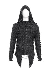 Black Studs Long Sleeves Lace-Up Ripped Men's Gothic Hooded Coat - Product - 3