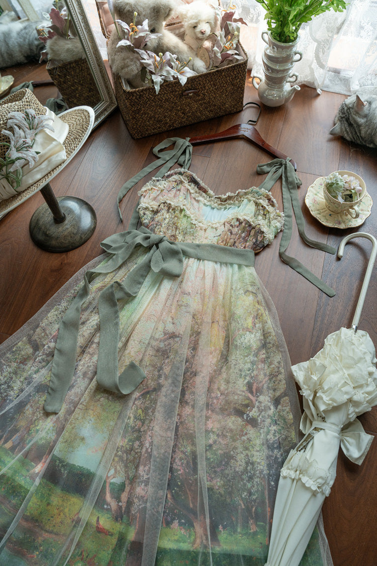 Green [Oil Painting – Spring] Sleeveless Print Ruffle Bowknot Lace Sweet Lolita Jsk Dress - Product - 8