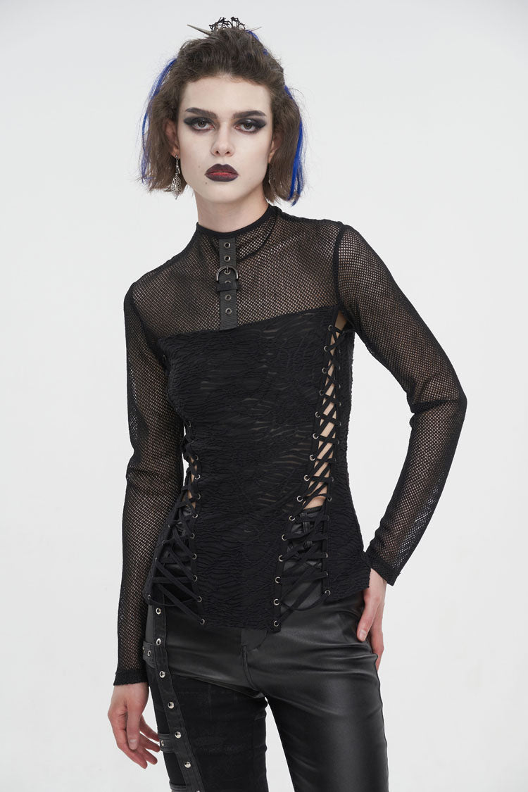 Black Strappy Mesh Splice Ruched Women's Punk Shirt - Product - 2
