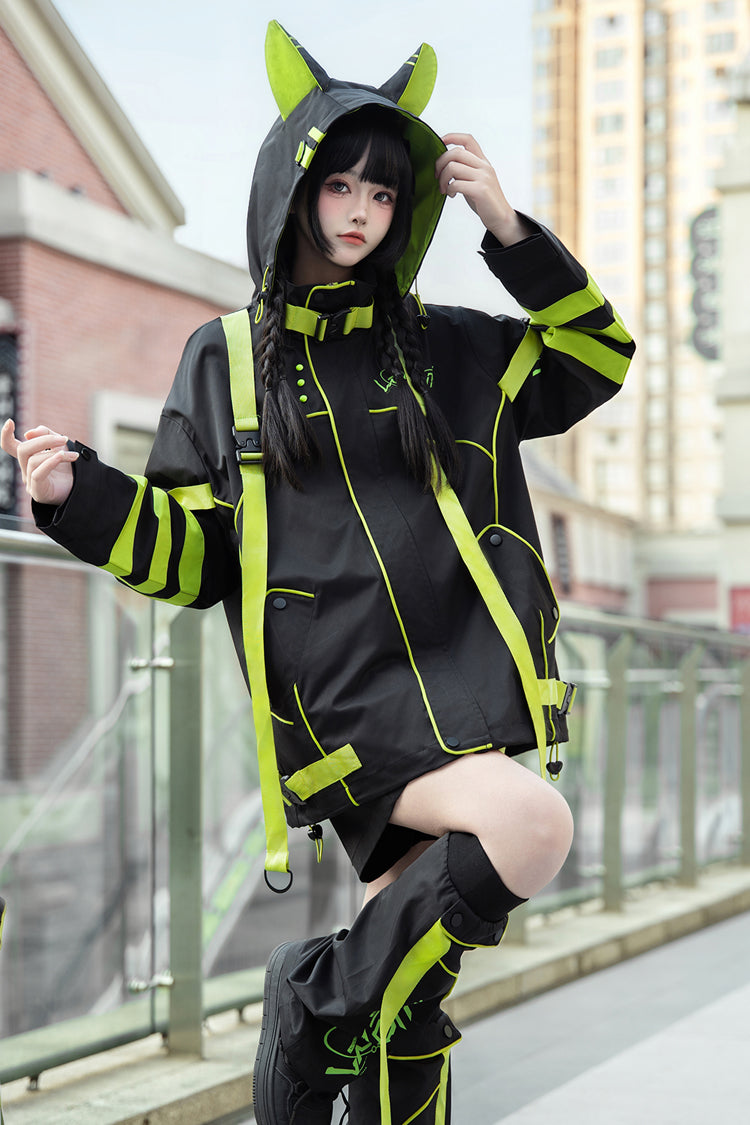 Yellow/Green/Black Long Sleeves Print Cat Ears Hooded Jirai Kei Handsome Coat - Product - 7