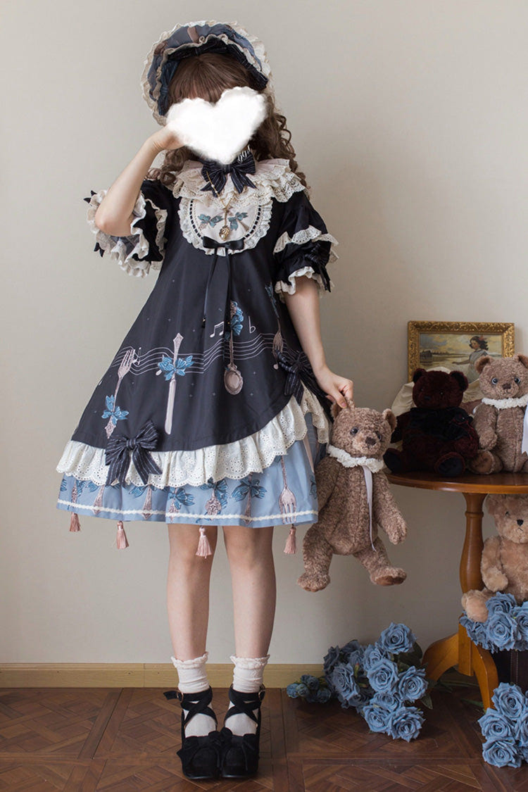 Dark Blue [The Witch’s Banquet] Round Collar Short Sleeves Printed Ruffled Embroidered Bow Asymmetric Sweet Lolita Dress - Product - 2