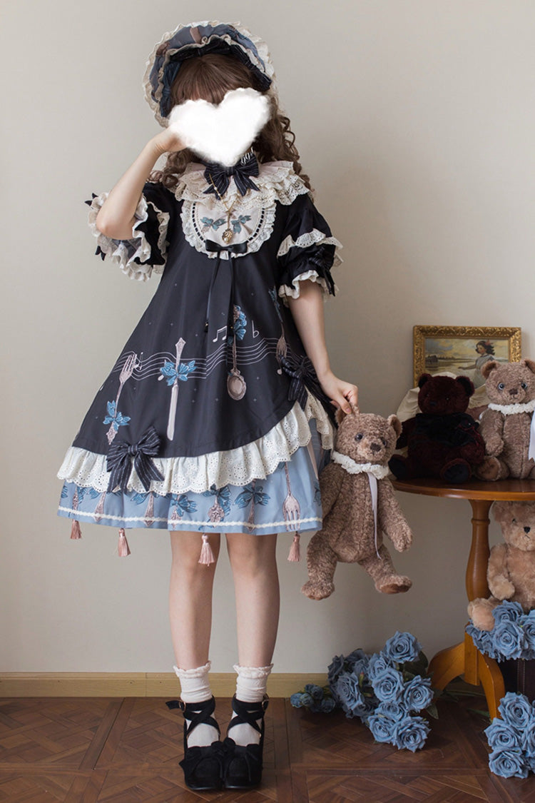 Dark Blue [The Witch’s Banquet] Round Collar Short Sleeves Printed Ruffled Embroidered Bow Asymmetric Sweet Lolita Dress - Product - 2
