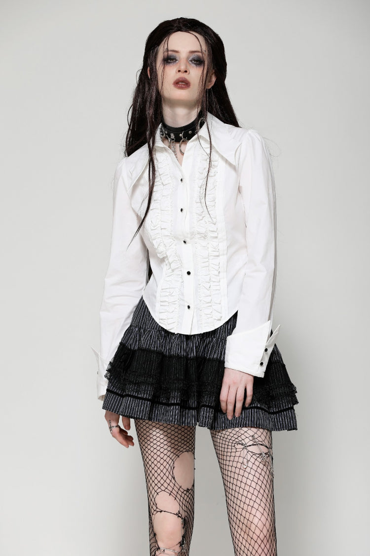 White Turn-down Collar Ruffled Long Sleeves Women's Gothic Blouse - White - 1