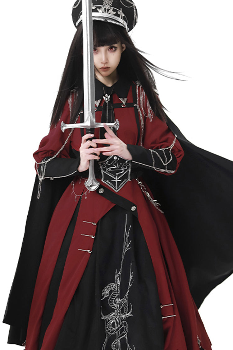 Red/Black [Scarlet Night Knight] Metal Chain Print Bowknot Gothic Military Elegant Lolita Dress - Product - 5