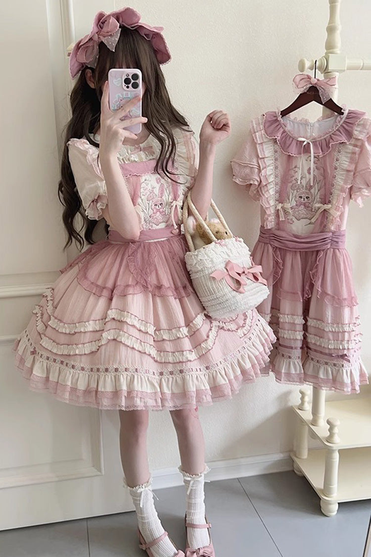 Pink Rabbit Print Sweet Dream Girl Ruffle Bowknot Stitching Lace Lolita JSK Dress - Product - 9