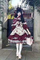 Burgundy Rose Flower Wall Printed Off Shoulder Sleeveless Ruffled Bow Lace Gothic Lolita Jsk Dress - Product - 2