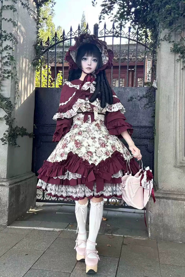 Burgundy Rose Flower Wall Printed Off Shoulder Sleeveless Ruffled Bow Lace Gothic Lolita Jsk Dress - Product - 2