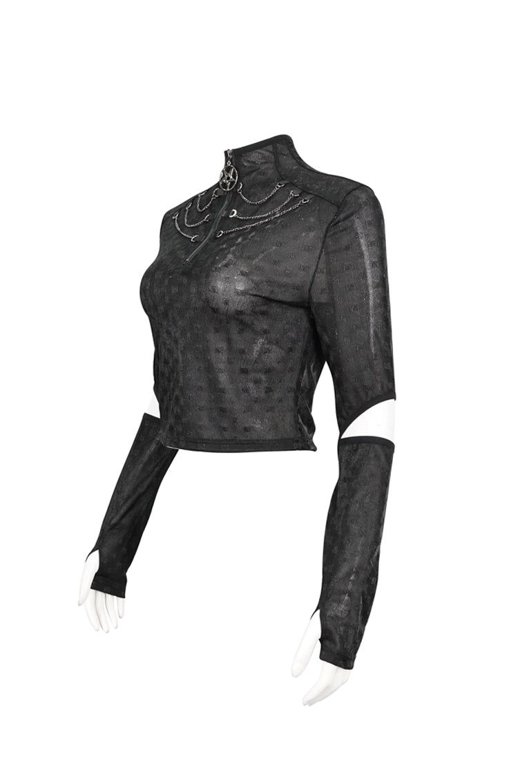 Black Mid-High Collar Front Neck Zipper Hanging Chain Mesh Fabric Long Sleeve Women's Punk T-Shirt - Product - 3