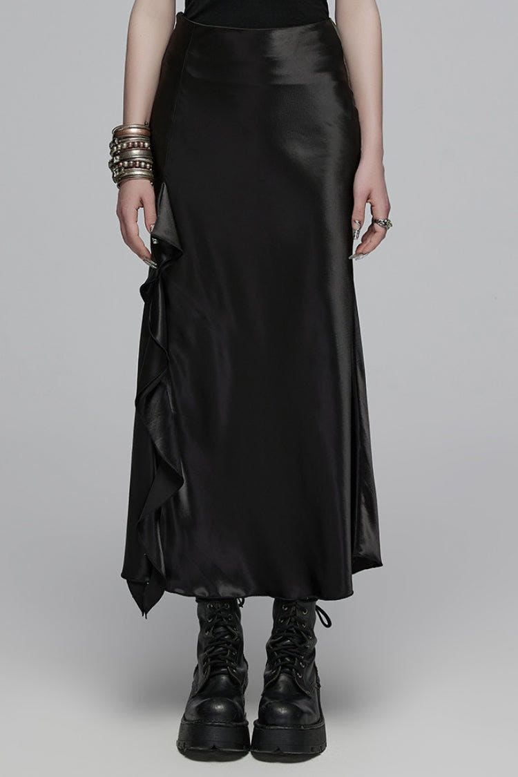 Black Ruffle Slim Asymmetric Women's Gothic Skirt - Black - 1