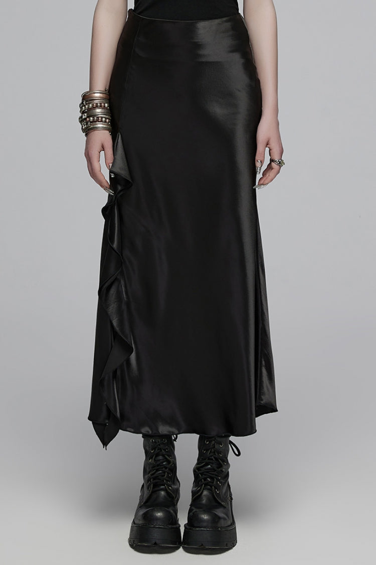 Black Ruffle Slim Asymmetric Women's Gothic Skirt - Black - 1