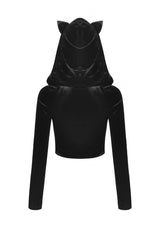 Black Long Sleeves Irregular Moon-shaped Zipper Women's Punk Crop Top with Cat's Ears Hood - Product - 12