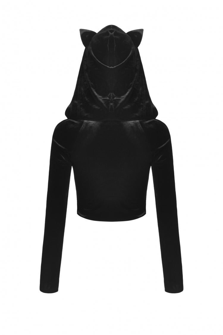 Black Long Sleeves Irregular Moon-shaped Zipper Women's Punk Crop Top with Cat's Ears Hood - Product - 12