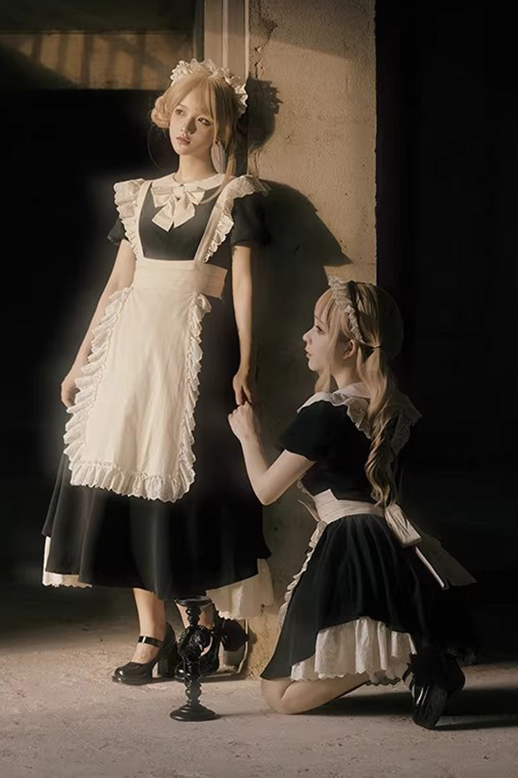Black/White Round Collar Short Sleeves Ruffled Bow Sweet Elegant Lolita Maid Dress 2 Versions - Product - 4