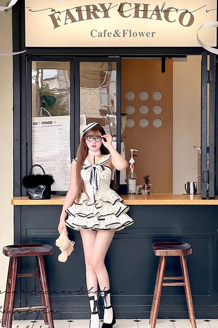 Apricot Multi-layer Polka Dots Print Navy Doll Ruffle Bowknot Sweet Lolita Tiered Dress - Product - 7