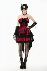 Wine Red Corset Lace-Up Velvet Irregular Pointed Tail Women's Lolita Gothic Cami Mini Dress - Product - 10