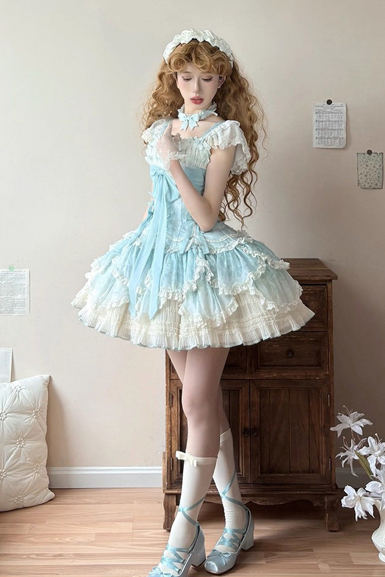 Green [Floral Dream] Short Sleeves Multi-Layered Ruffle Embroidery Bowknot Lace-Up Sweet Elegant Ballet Lolita Jsk Dress - Product - 3