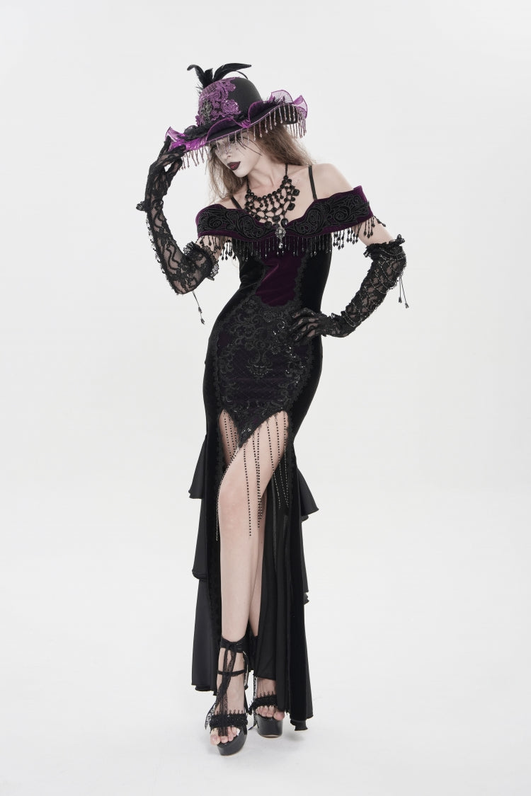 Black/Purple Off Shoulder Sleeveless Embroidered Lace Slim Women's Gothic Gorgeous Strapless Dress - Product - 2