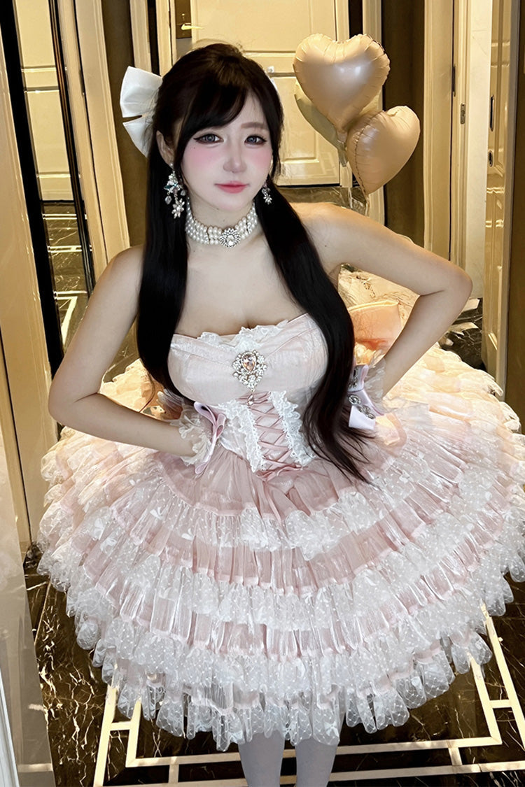 Pink [Heartbeat at First Sight] Off Shoulder Sleeveless Multi-Layered Ruffle Bowknot Lace Lace-Up Sweet Princess Gorgeous Lolita Dress - Pink - 1