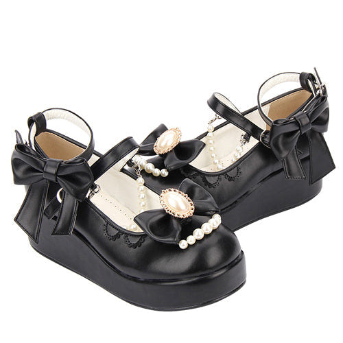 Round toe Bowknot Pearl Chain Classic Lolita Shoes - Product - 4