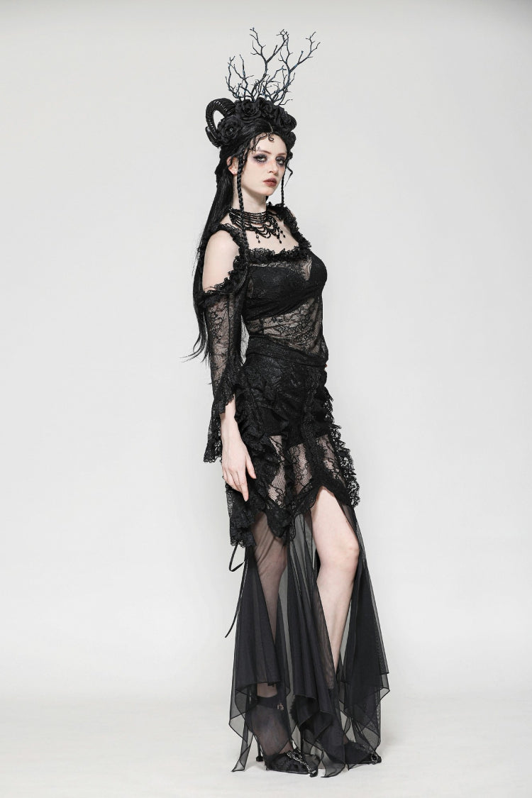 Black Lace-Up Mesh Spliced Lace Women's Gothic Fishtailed Skirt - Product - 11