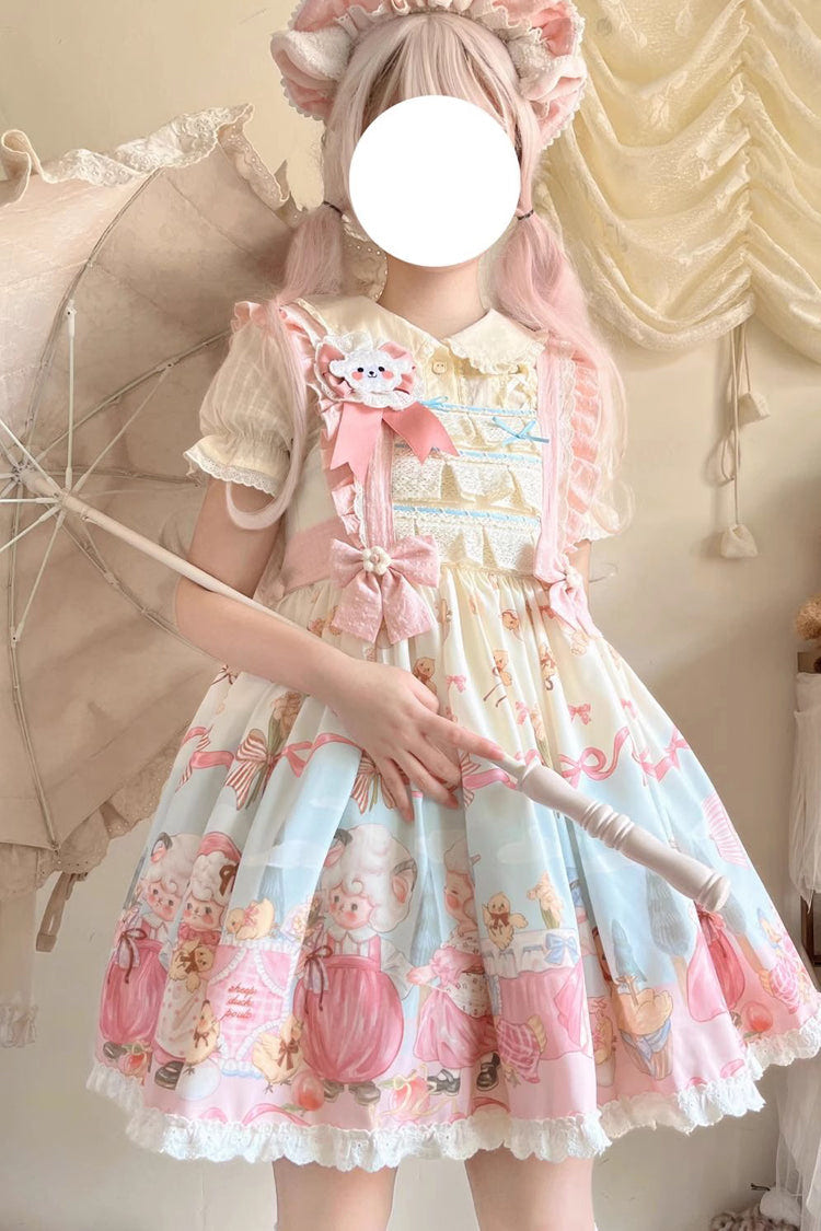 Blue/Pink Sheep Waltz Print Ruffle Bowknot Lace Sweet Lolita Jsk Dress - Product - 3