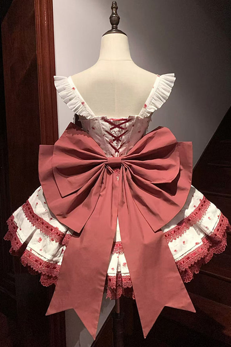 Wine Red [First Love Rose] Multi-Layered Print Ruffle Bowknot Lace Sweet Lolita Jsk Dress Set - Product - 3