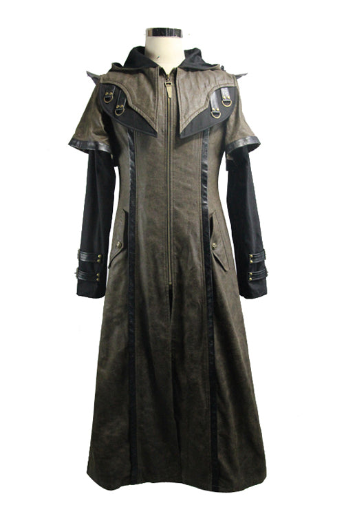 Double Sleeves Steampunk Brown Leather Hooded Mens Long Coat - Product - 4