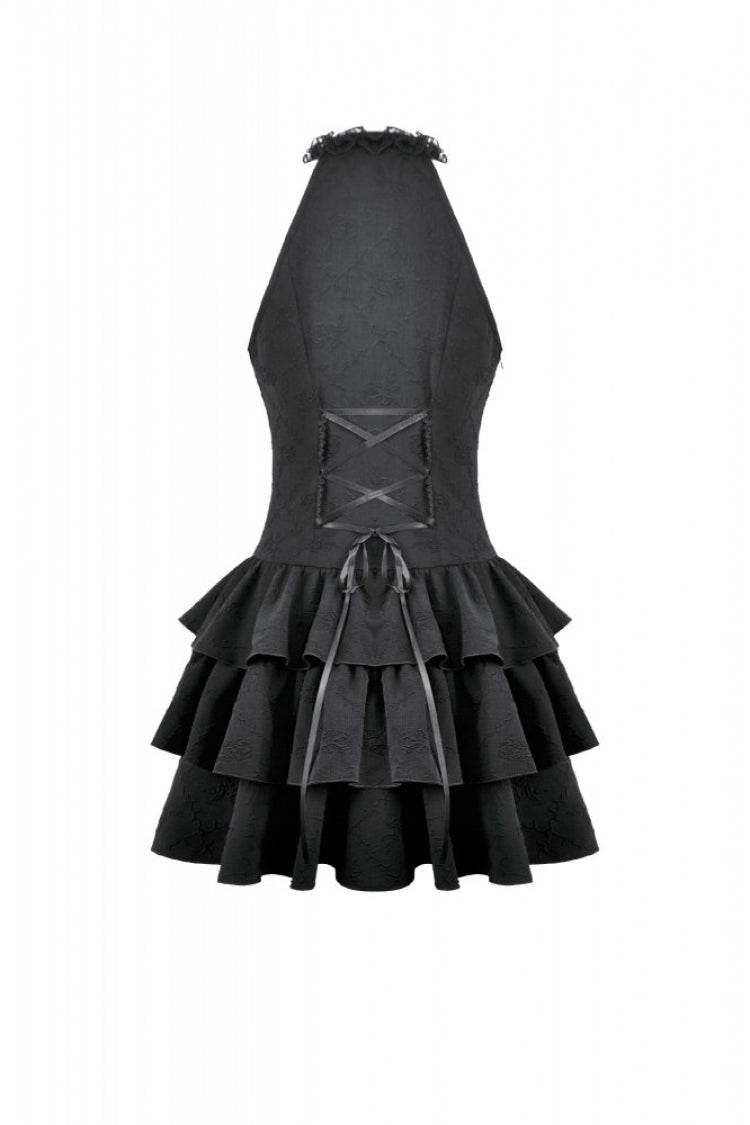 Black Off Shoulder Lace Halterneck Triple-Layered Ruffled Cut-Out Lace-Up Women's Gothic Dress - Product - 17