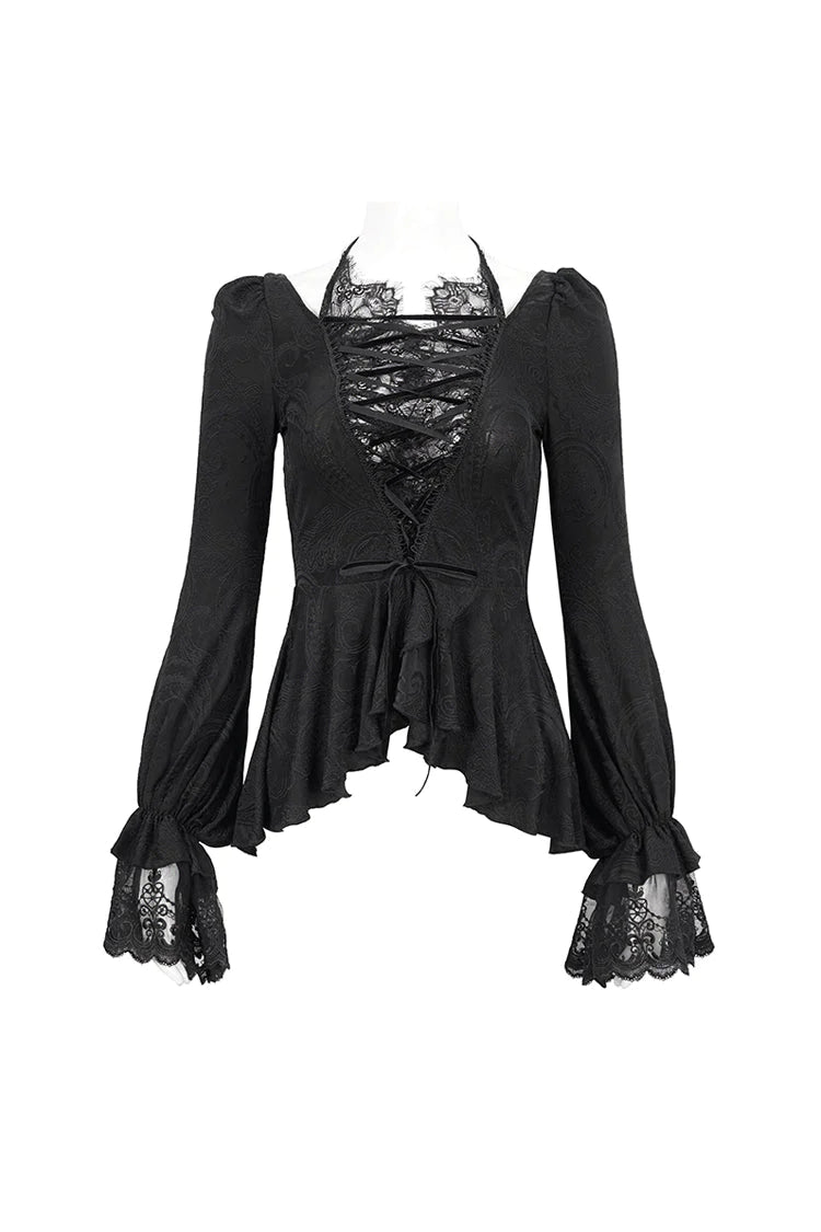 Black Ruffled Lace Splice Women's Gothic Shirt - Product - 7