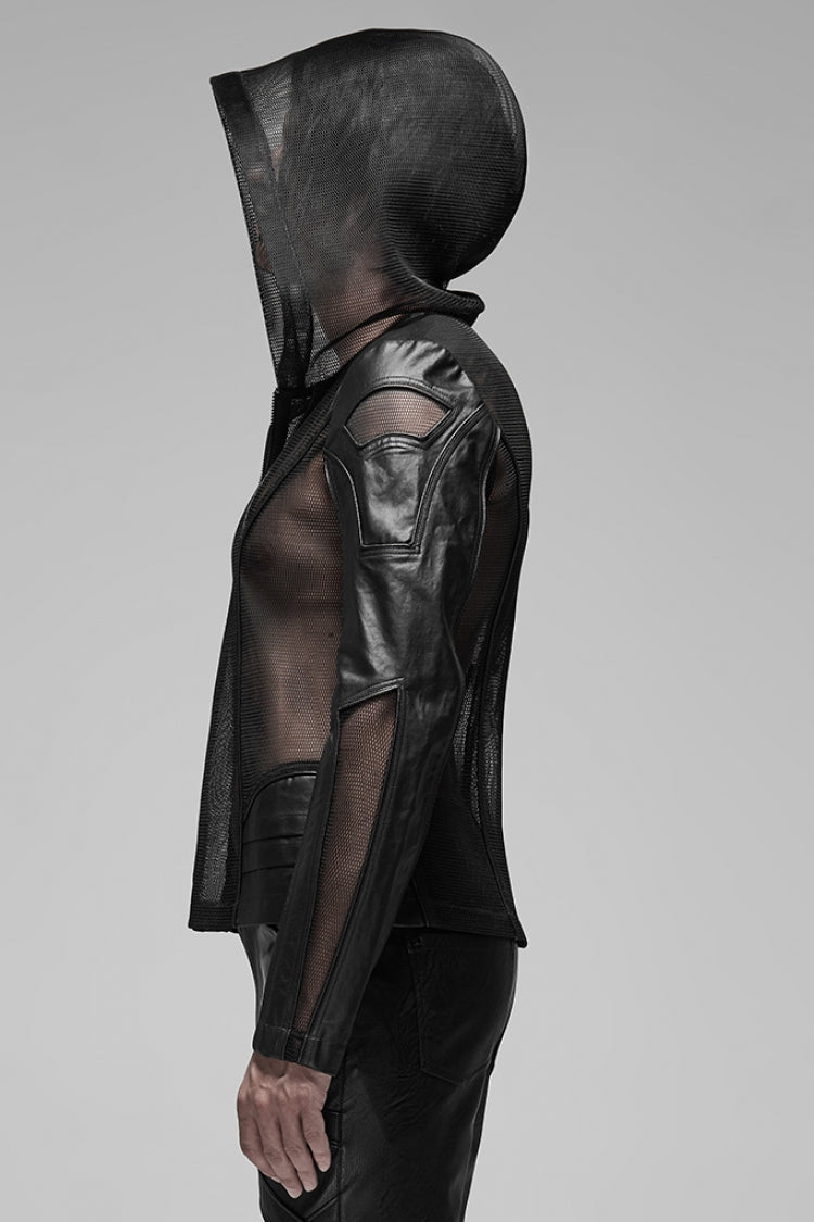 Black Long Sleeves Hooded Mens Translucent Steampunk Coat - Product - 2