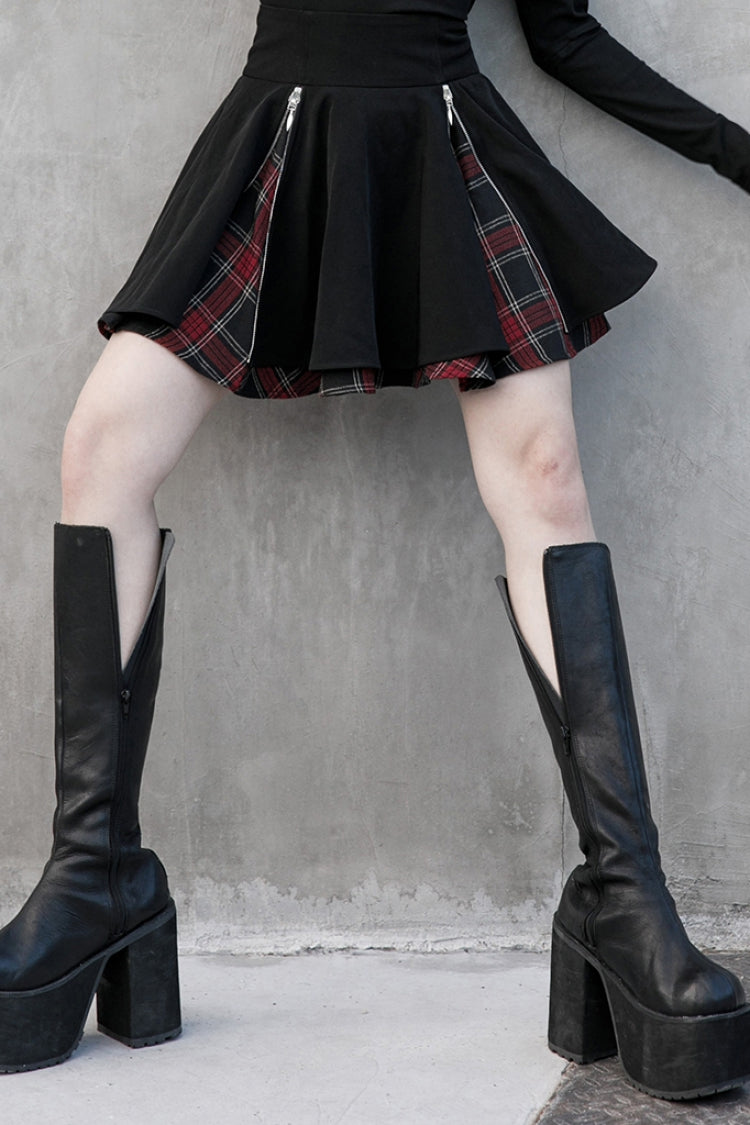 Black Stitching Red Plaid Women's Punk Pleated Skirt - Product - 4