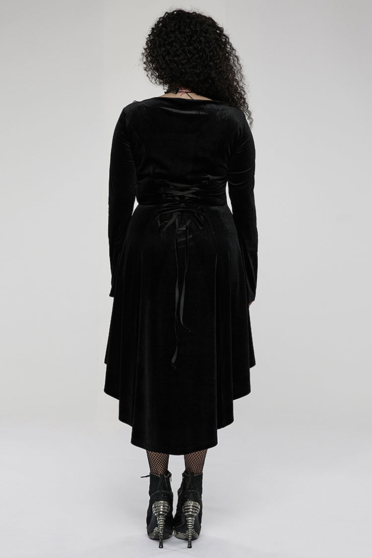 Black Gorgeous Velvet Fabric Embroidered Jacquard Neckline Irregular Hem Trumpet Sleeve Women's Gothic Dress - Product - 3