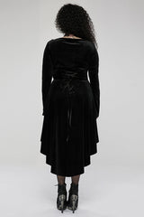 Black Gorgeous Velvet Fabric Embroidered Jacquard Neckline Irregular Hem Trumpet Sleeve Women's Gothic Dress - Product - 3