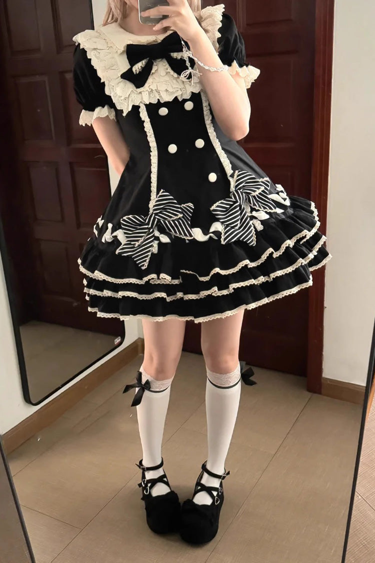 Black [Striped Layered] Short Sleeves Multi-Layered Ruffle Bowknot Sweet Princess Lolita Tiered Dress - Product - 7