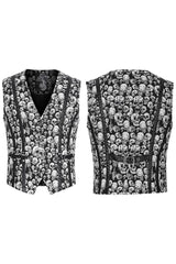 White/Black Contrast Sleeveless Skulls Print Jacquard Hollow Mens Gothic Vest - Product - 5