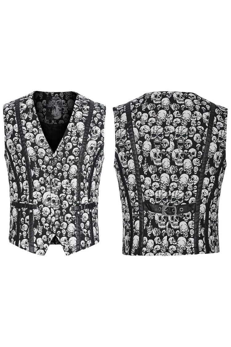 White/Black Contrast Sleeveless Skulls Print Jacquard Hollow Mens Gothic Vest - Product - 5